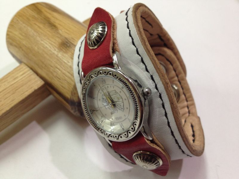 腕時計ベルト（ホワイト＆レッド） - レザークラフト工房もんた